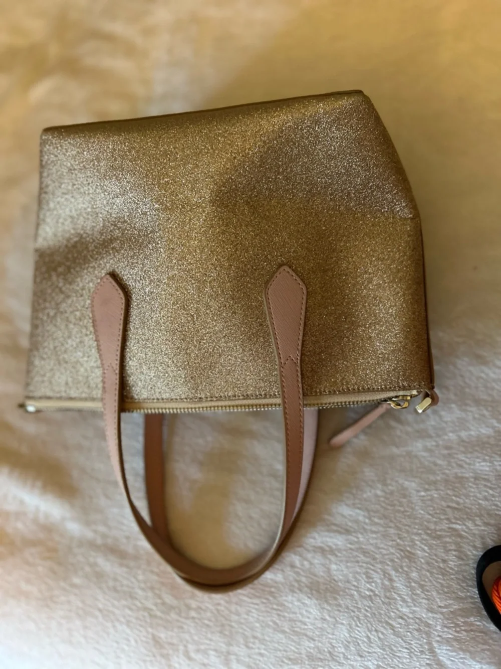 kate spade Glitter Tote in Metallic Rose with Pink Handles
